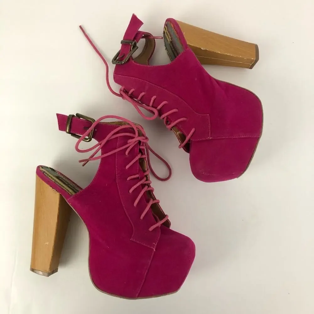 Vintage Shoe Republic LA Y2K Magenta Pink Velvety Platform Wooden Heels